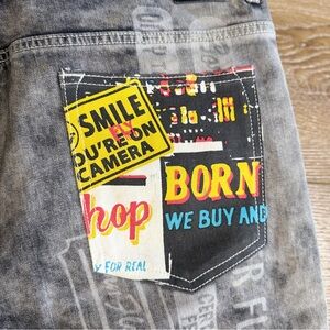 Born Fly Men’s Cut Off Denim Shorts Size 36 Acid wash Patchwork Grafitti